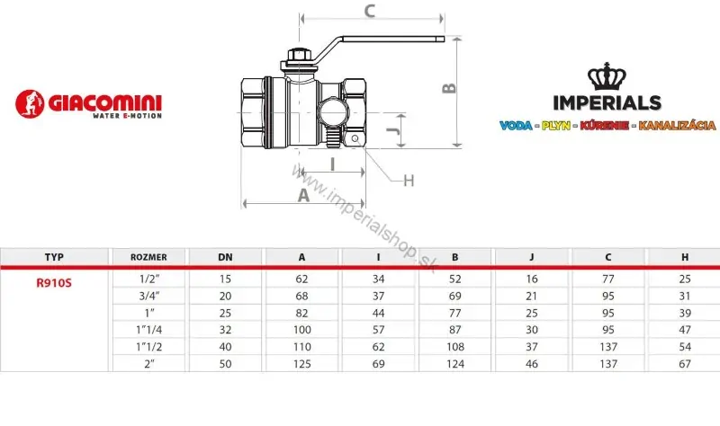 GIACOMINI Guľový ventil VODA 1" FF páka s odvodnením DADO