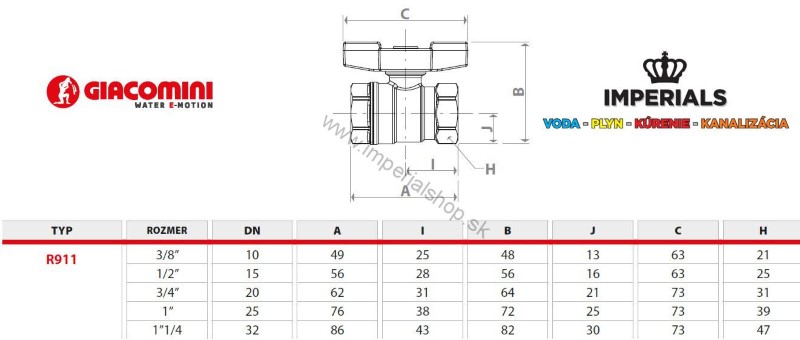 GIACOMINI Guľový ventil VODA 1/2" FF motýľ DADO