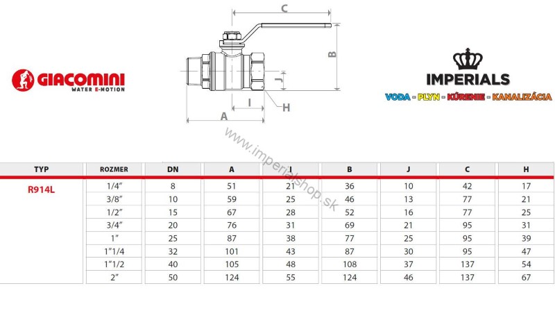 GIACOMINI Guľový ventil VODA 6/4" MF páka DADO