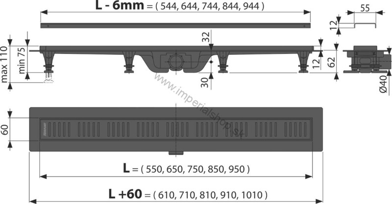 ALCADRAIN APZ10BLACK-750 Podlahový žľab