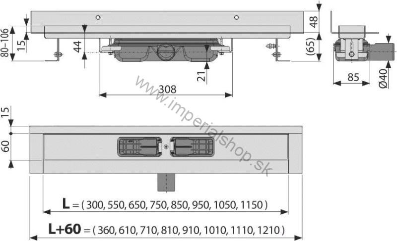 ALCADRAIN APZ116-650 Podlahový žľab s okrajom k stene pre plný rošt alebo vloženie dlažby