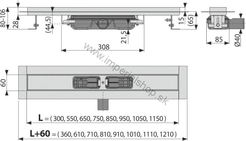 ALCADRAIN APZ106-650 Podlahový žľab znížený s okrajom pre plný rošt alebo vloženie dlažby