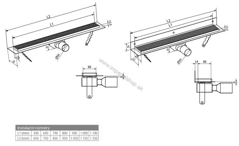 MANUS PIASTRA nerezový sprchový kanálik s roštom pre vloženie dlažby, 1250x130x55 mm