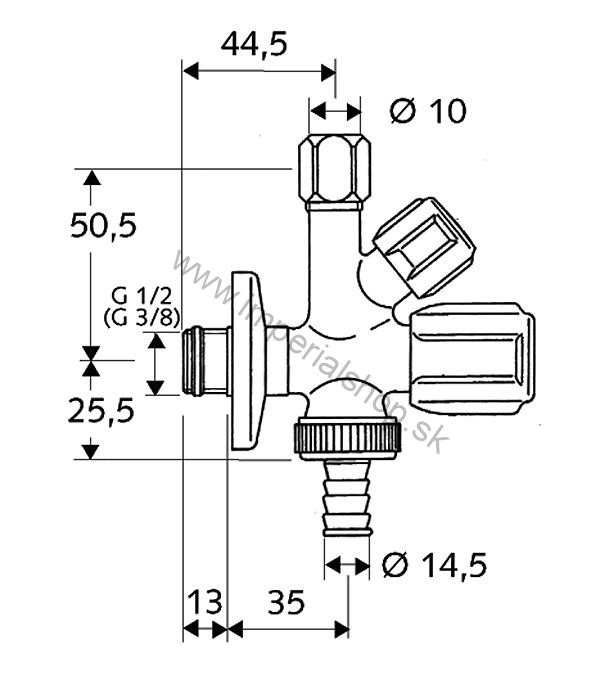 Rohový ventil kombi 1/2" x 3/8" x 3/4" SCHELL