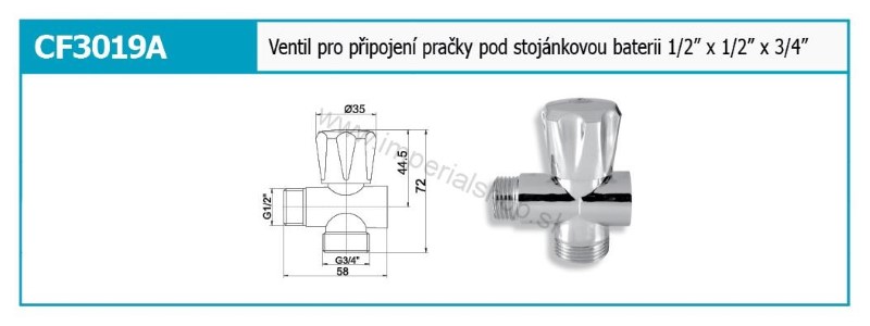 NOVA Práčkový ventil pod stojánkovú batériu 1/2"x1/2"x3/4"
