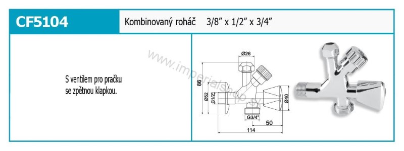 NOVA Kombinovaný roháčik s ventilom pre práčku 1/2"x3/4"x3/8"