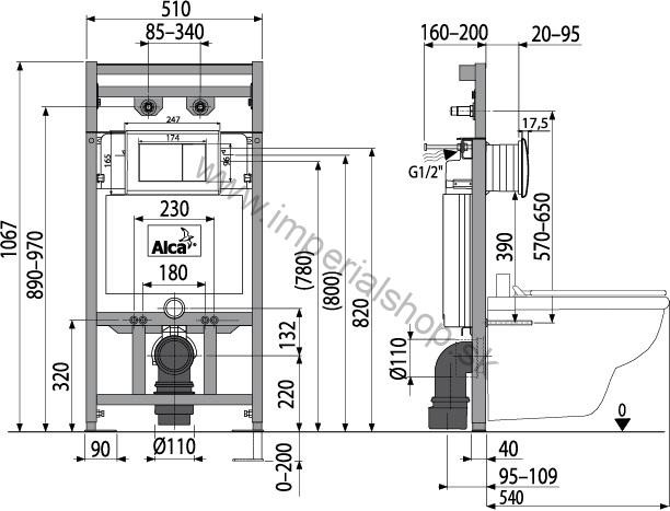 ALCADRAIN A108F SET 5v1 Montážny rám, výlevka, mriežka, izolačná doska, tlačidlo