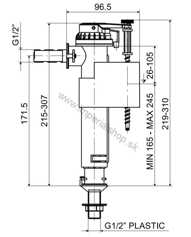 Plavákový WC ventil bočný/spodný, plastový závit 1/2" P-2447E