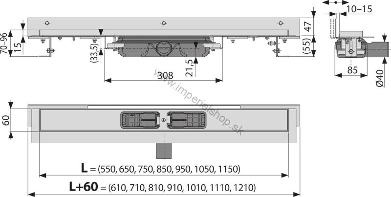 ALCADRAIN APZ104-550 FLEXIBLE LOW Podlahový žľab znížený s okrajom ku stene