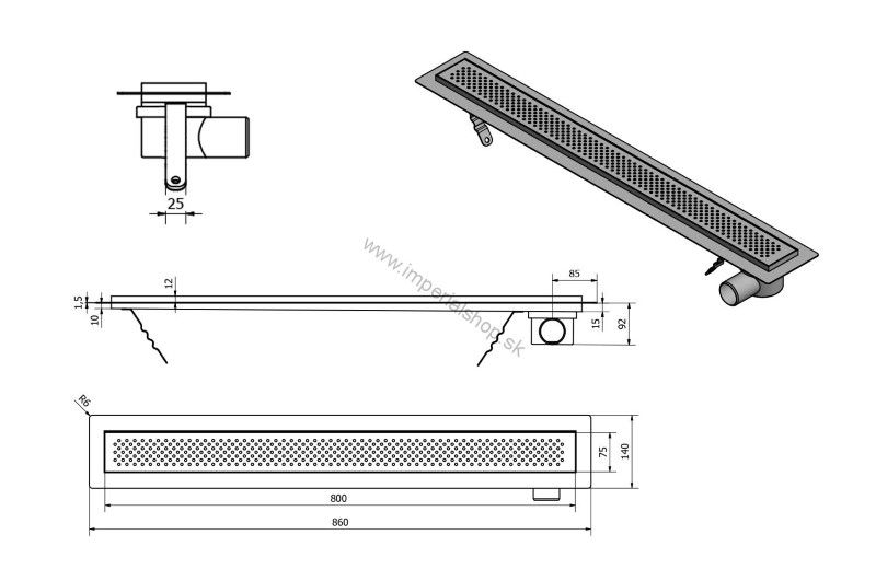 KROKUS nerezový sprchový kanálik s roštom, 860x140x92 mm