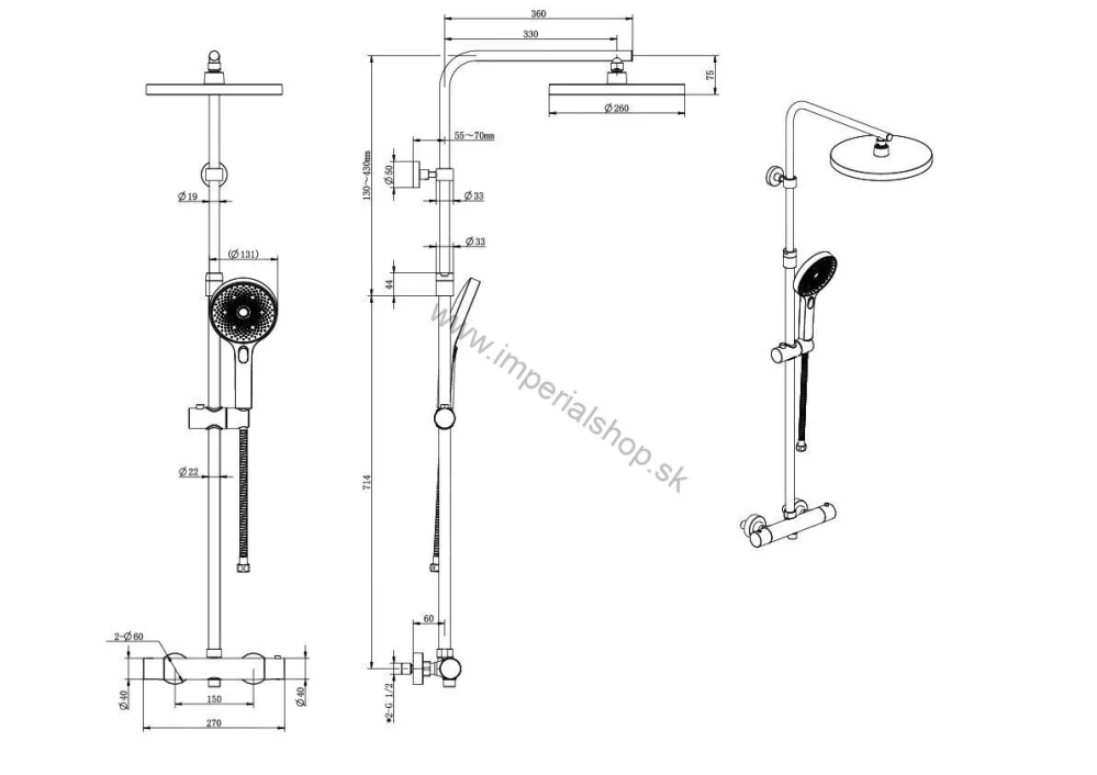kielle Oudee - Sprchový set s termostatom, 26 cm, 3 prúdy, matná čierna 20602014