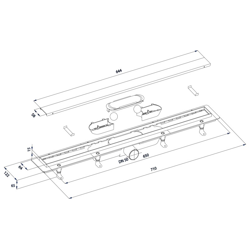 FLISE sprchový kanálik superflow DN50, 710x122x65 mm