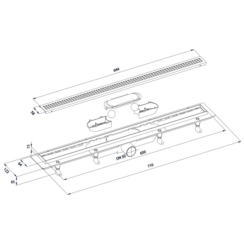 KLAVER sprchový kanálik s nerezovým roštom, superflow, DN50, 710x122x65 mm