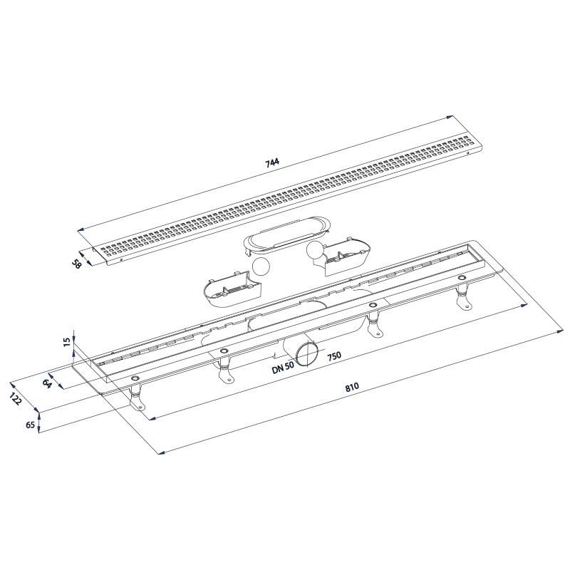 Sprchový kanálik s nerezovým roštom, DN50, 810x122x65 mm