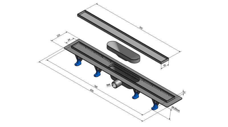 TILE plastový sprchový kanálik s roštom pre vloženie dlažby, 820x123x68 mm