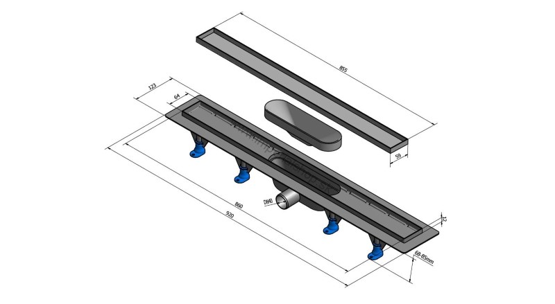 TILE plastový sprchový kanálik s roštom pre vloženie dlažby, 920x123x68 mm