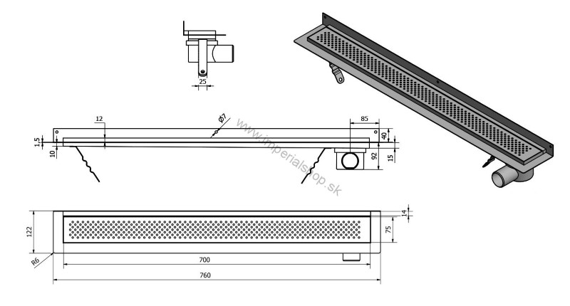 KROKUS nerezový sprchový kanálik s roštom, k stene, 760x122x92 mm