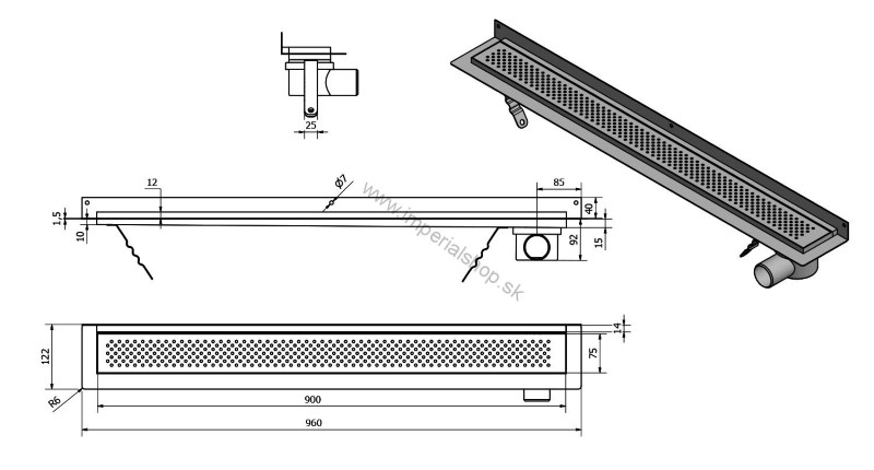 KROKUS nerezový sprchový kanálik s roštom, k stene, 960x122x92 mm
