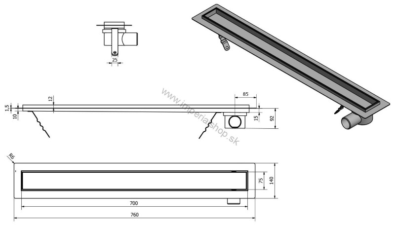Nerezový sprchový kanálik s roštom pre vloženie dlažby, 760x140x92 mm
