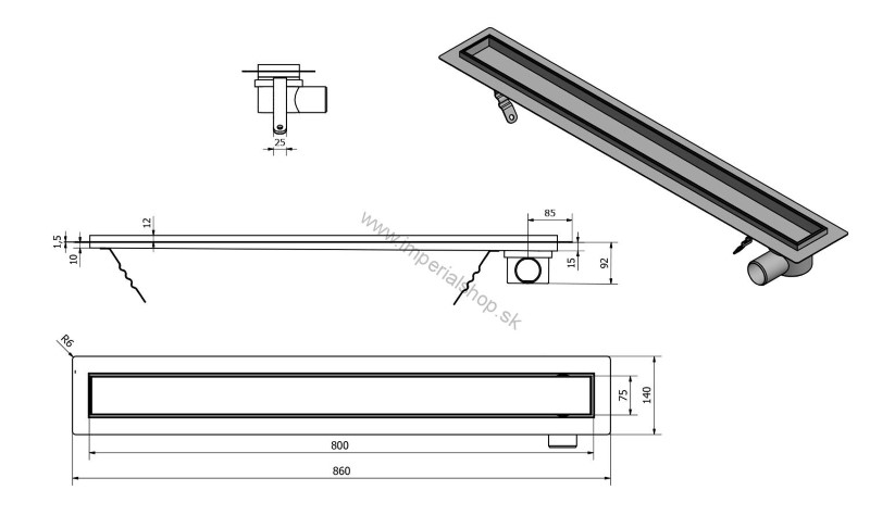 Nerezový sprchový kanálik s roštom pre vloženie dlažby, 860x140x92 mm