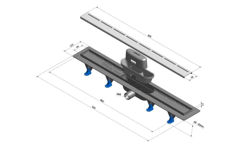 ROAD plastový sprchový kanálik s nerezovým roštom, 920x123x68 mm